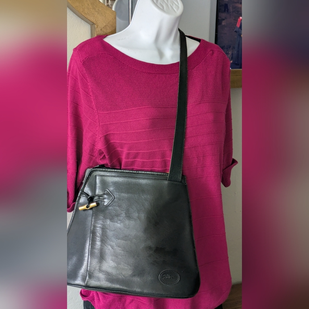Vintage Longchamp Black Leather Crossbody Bag.
